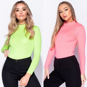 SALE! Neon Long Sleeve High Neck Bodysuit Top